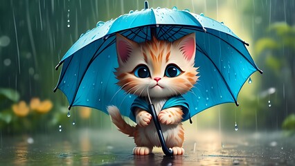 Cute and adorable cartoon kitten in the rain holding an umbrella, fantasy arts, surrealism