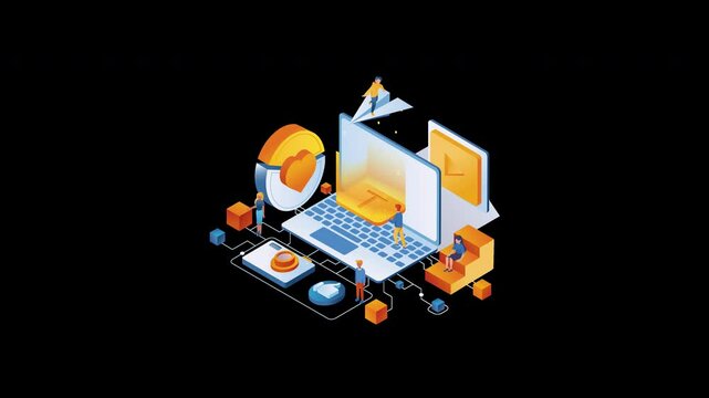 This vibrant isometric illustration blends technology and business analytics, featuring graphs, gears, and digital interfaces. It's perfect for projects on innovation, digital marketing, and teamwork 