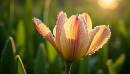 Obraz premium Serene close-up of dew-kissed flower with seamless texture and warm light illuminating petals