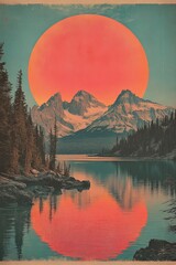 Vintage band tour poster, vibrant colours, scenery with lake in foreground and mountains in background theme