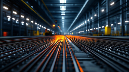 The vastness of an industrial facility is emphasized by the orderly rows of steel wire rods, their metallic sheen glowing under natural light.