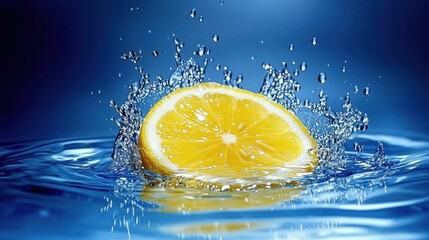 Vibrant Lemon Splashing in Clear Water with Sparkling Drops and Blue Background