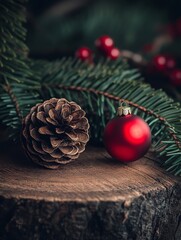 Wooden bole with a part of a pine tree and a red christmas tree decoration - spot light - dark moody atmosphere, cosy