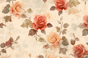 A rose flowers grunge-inspired seamless pattern on faded background for wallpaper or fabric design.