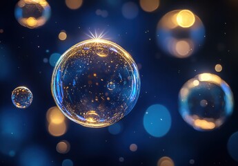 Enchanting Abstract Image of Colorful Soap Bubbles Floating Against a Soft Bokeh Background with Sparkling Lights and a Dreamy Atmosphere