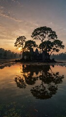 360 VR drone shot of a lake with ancient trees near Angkor Wat at sunrise.