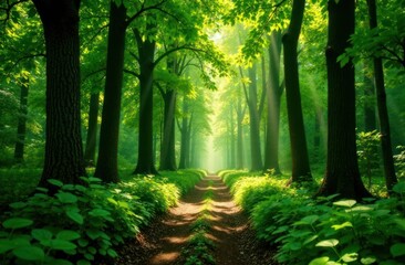 Obraz premium tranquil forest path enveloped in vibrant greenery with tall trees under dappled sunlight in summer. ecology, nature conservation and ecological balance, environmental harmony.