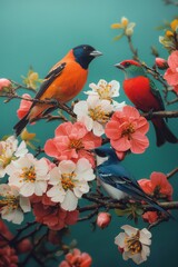 Vibrant Avian Trio on Blossoming Branch Serene Nature Harmony in Teal - Ideal for Art Prints, Cards, and Magazines