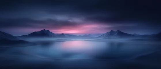 Selbstklebende Fototapeten  beautiful landscape of a mountain range at night. The sky is filled with dark clouds and the sun is setting, casting a warm orange glow over the mountains. © CYBERPINK