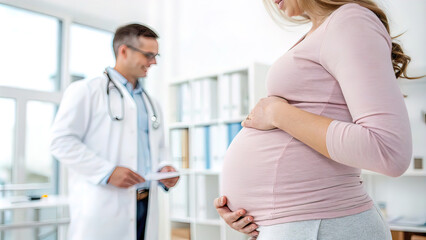 Fototapeta premium doctor's hands on the belly of a pregnant patient, against the background of a white medical office