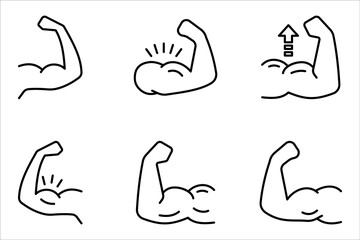 Muscles icon set, strong arm of an athlete, Linear Hand icons, biceps icons, Bodybuilding and fitness concept, on a white background.