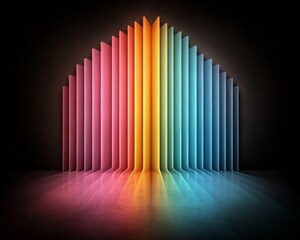 Vibrant Rainbow Prism Structure on Dark Textured Background - Abstract Architectural Design with Gradient Color Spectrum - Futuristic Artistic Concept for Advertising and Presentation