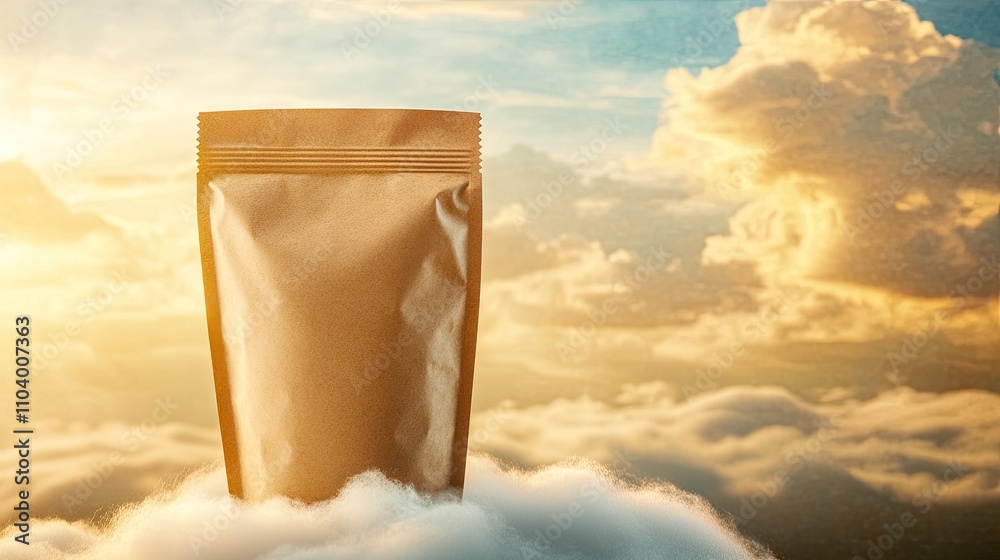 Fototapete dreamlike packaging mockup placed on a cloud in a vibrant sunrise setting with golden highlights and