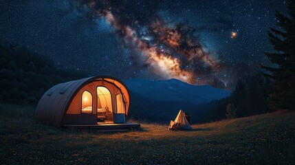 A cozy glamping setup under a starry night sky in a serene landscape.