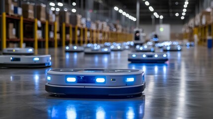 A modern warehouse filled with robotic devices equipped with blue lights, efficiently navigating the space to assist in logistics and inventory management.