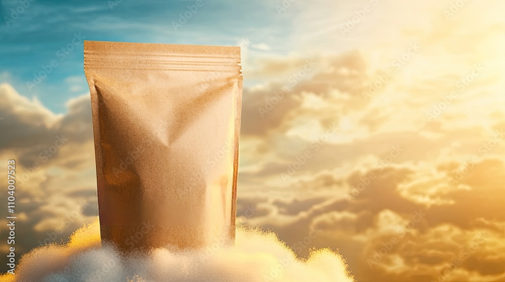 Fototapete dreamlike packaging mockup placed on a cloud in a vibrant sunrise setting with golden highlights and