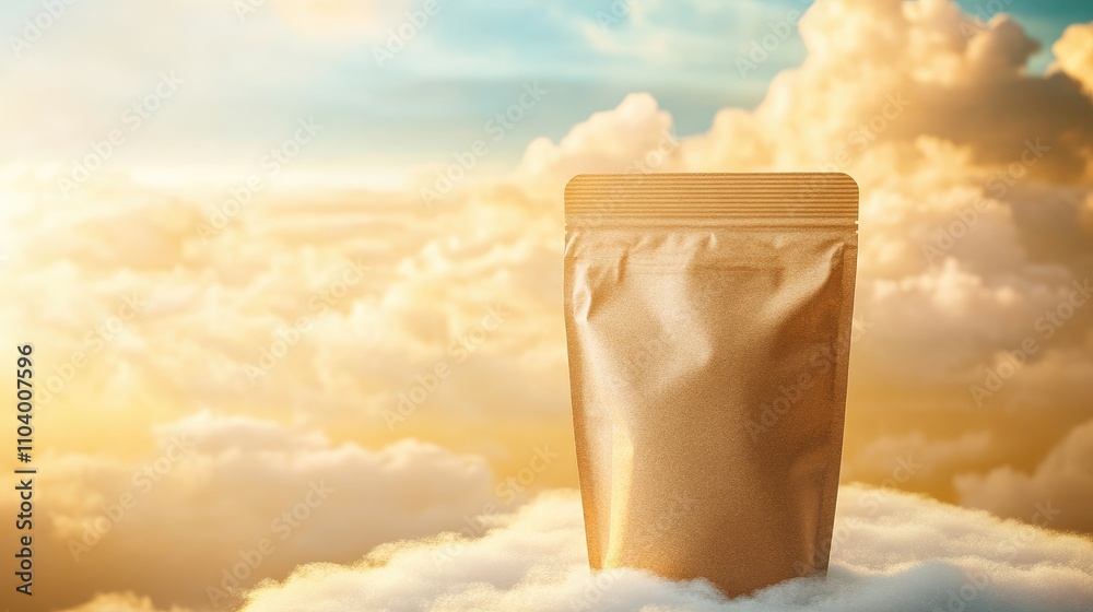 Fototapete dreamlike packaging mockup placed on a cloud in a vibrant sunrise setting with golden highlights and