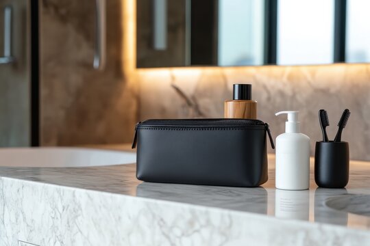 A contemporary bathroom counter displaying elegantly arranged grooming products, including a sleek black pouch, wooden bottles, and minimalist items under soft lighting.