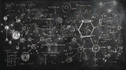 Blackboard background with handwritten chemistry and physics equations, including molecule and energy diagrams