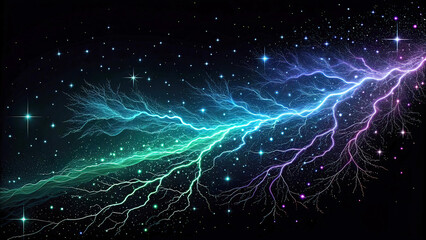 Naklejka premium Shimmering lines on a black background with blue and purple. magical light with a greenish tint