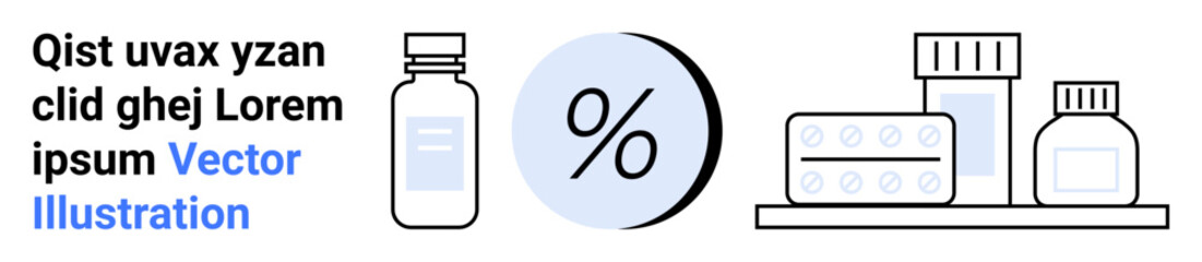 Medication bottles, pill pack, and jar on shelf with percentage sign. Ideal for healthcare, pharmacies, medical topics, online pharmacies, drug stores, healthcare apps, and pharmaceutical websites