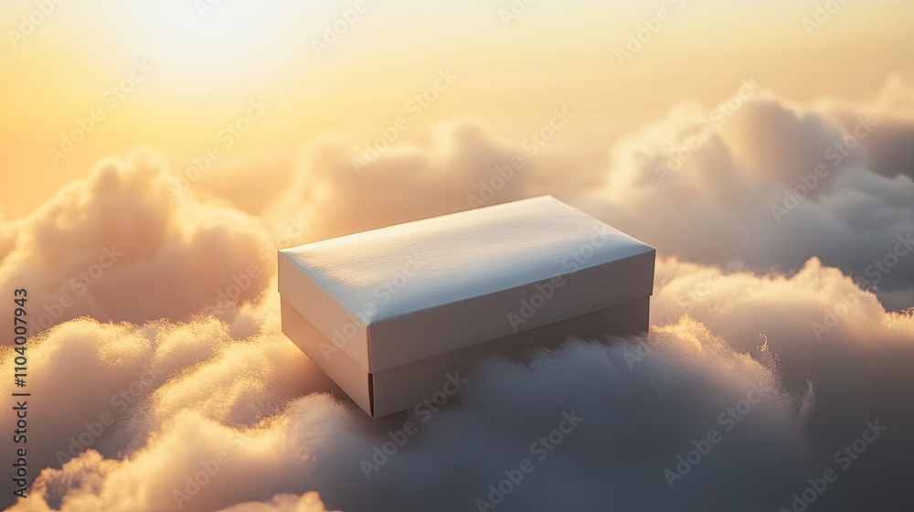 Fototapete dreamlike packaging mockup placed on a cloud in a vibrant sunrise setting with golden highlights and