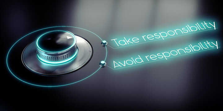 Take responsibility, avoid responsibility - rotary knob and glowing words - 3D illustration