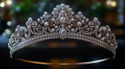 Sparkling diamond tiara, gold band, ornate design.