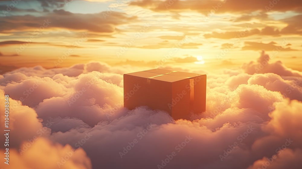 Fototapete dreamlike packaging mockup placed on a cloud in a vibrant sunrise setting with golden highlights and
