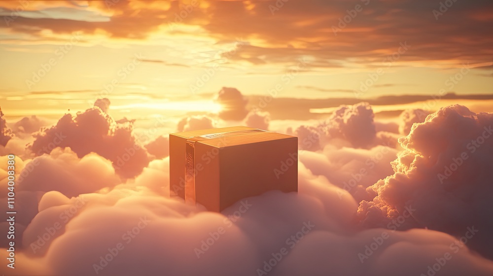 Fototapete dreamlike packaging mockup placed on a cloud in a vibrant sunrise setting with golden highlights and