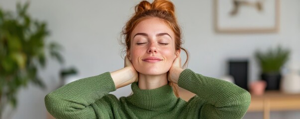 office syndrome concept. A worker performing side neck stretches to ease tension and improve flexibility in a desk-based workplace