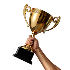 Golden trophy held by a hand isolated on transparent background, 3D metallic award PNG download for...