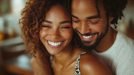 Couple laughing and hugging in their home kitchen, showcasing their love and joy