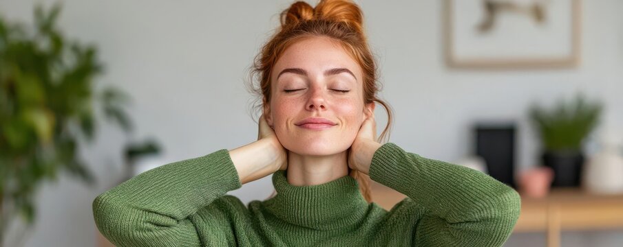 office syndrome concept. A worker performing side neck stretches to ease tension and improve flexibility in a desk-based workplace
