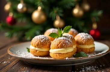 A beautiful festive cake on the background of a Christmas tree. A set of various cakes in chocolate, with sprinkles, with nuts, with berries, with cream, with cream, with cottage cheese.