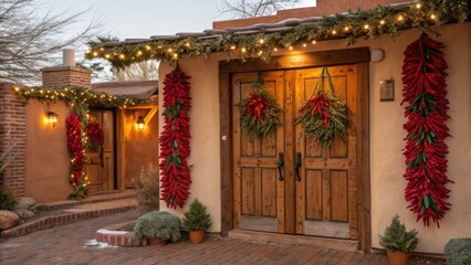 Festive Santa Fe Adobe Doors Adorned With Chile Ristras and Holiday Decorations. Generative AI