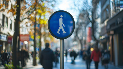 A blue pedestrian sign stands in a busy urban street, surrounded by blurred figures of people walking and vibrant autumn trees.