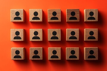 Top View Team Network of Diverse Human Figures on Orange Background