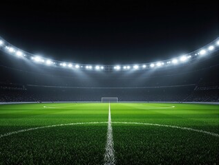 Obraz premium Dark green grass with floodlights casting a bright white glow on the soccer field at night, green, , night, lighting