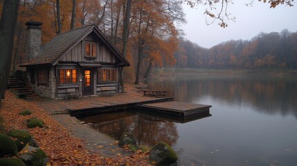 Fototapeta premium A cozy wooden cabin by a serene lake surrounded by autumn foliage and misty ambiance.