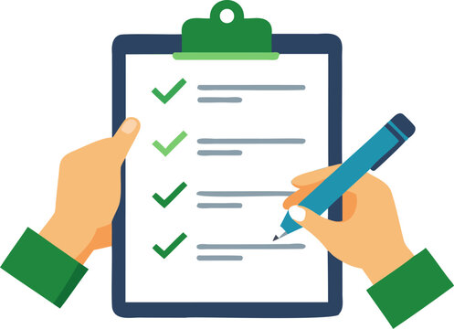 Paper clipboard, checklist form. Hand holding sheet with checklist. To-do document. Cartoon questionnaire document