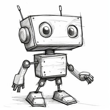 A quirky, hand-drawn robot with a boxy body and large eyes, exuding a playful charm in a simple sketch style.