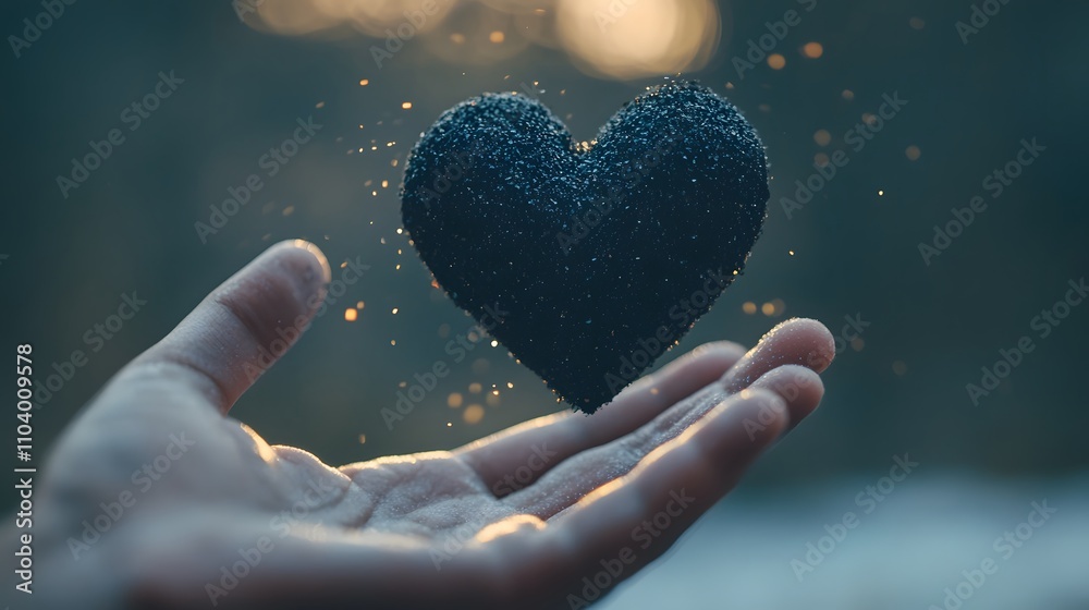Poster captivating hand holding a unique textured black heart against a dreamy nature background with spark