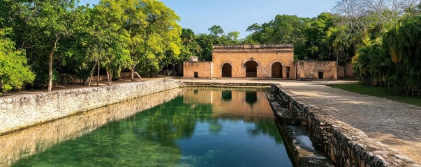 Fototapeta premium travel and culture concept. A restored hacienda in Mexico, surrounded by cenotes and Mayan archaeological sites, offering cultural exploration
