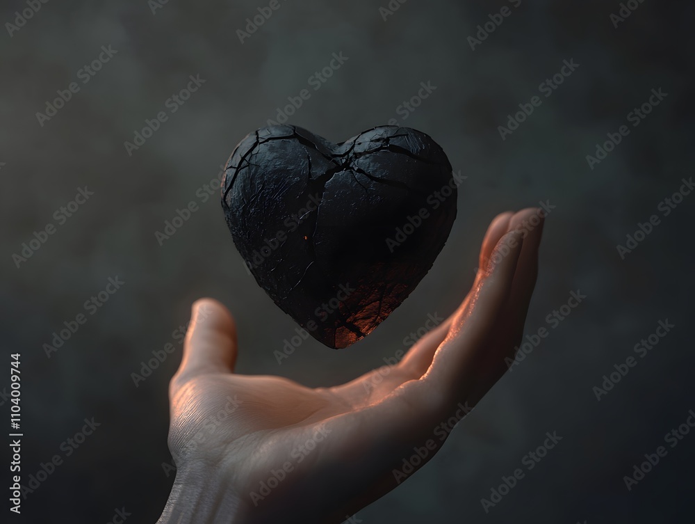 Poster An Illuminated Hand Holding a Floating Charred Heart in a Subtle Atmosphere of Shadows and Light Symbolizing Resilience and Transformation in Art