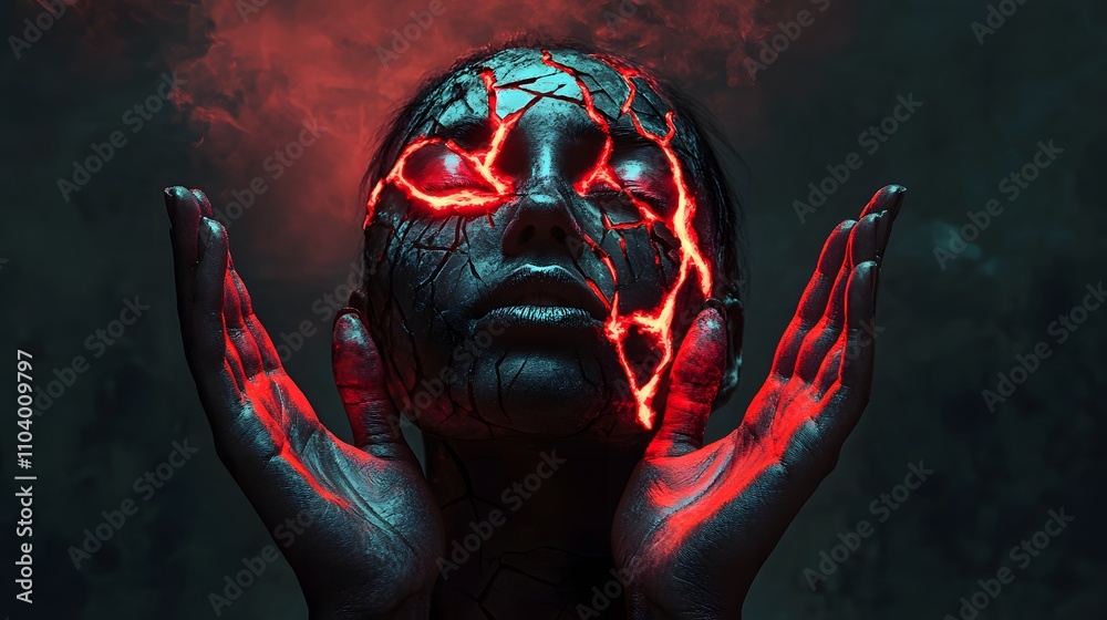 Poster dark and mysterious portrait of a woman with cracked skin and glowing red veins, evoking power and e