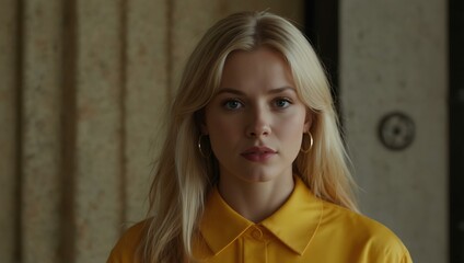 Fototapeta premium A blonde woman wearing a yellow-orange outfit.