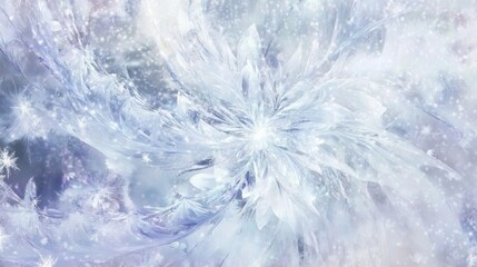 Obraz premium Intricate ice fractals in soft hues of pale blue, lavender, and white radiate outward like a blooming frozen flower, with tiny starlike sparkles glinting off the edges in the vastness of space.
