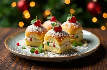 Obraz premium A beautiful festive cake on the background of a Christmas tree. A set of various cakes in chocolate, with sprinkles, with nuts, with berries, with cream, with cream, with cottage cheese.