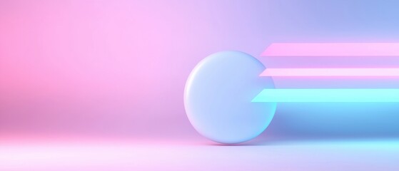 n abstract digital art piece with a pink and blue gradient background. On the left side of the image, there is a large white sphere that is slightly tilted to the right.